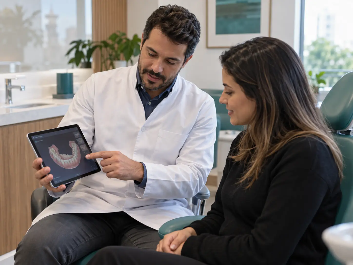 Dentista explicando um exame à paciente